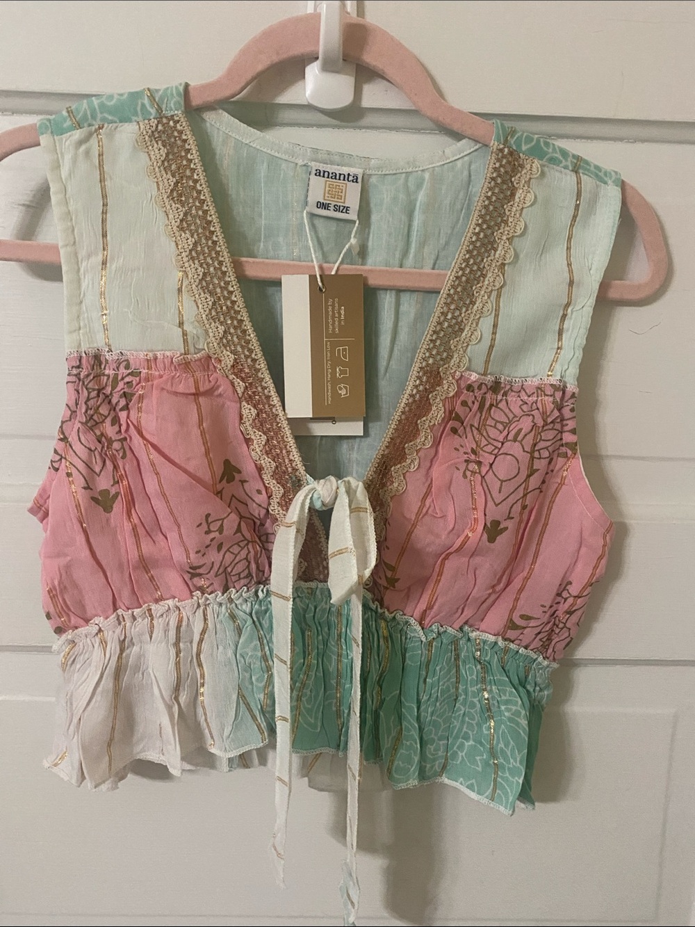 NWT Ananta Boho Patchwork Tie-Front Crop Top | One Size